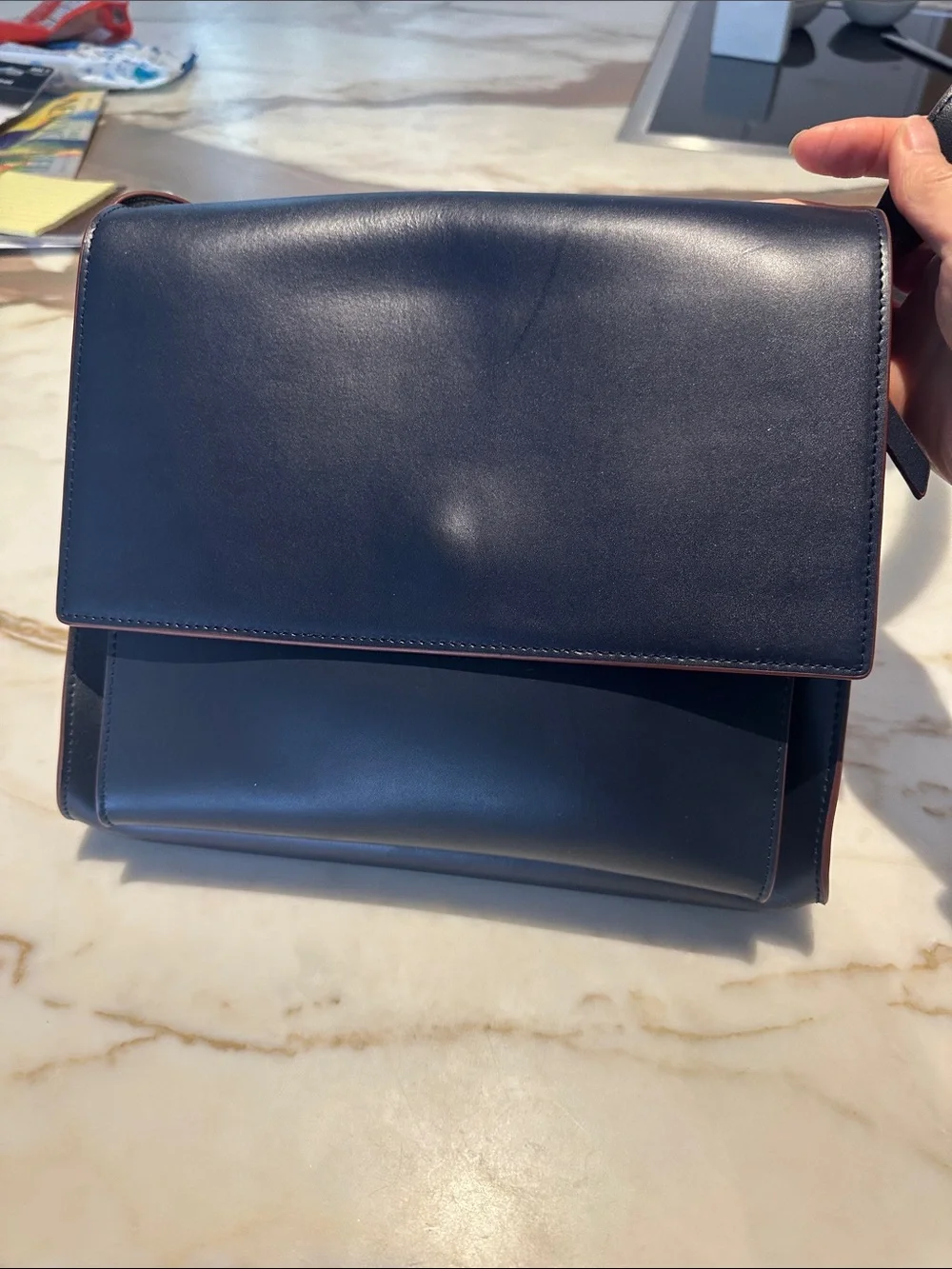 & Other Stories Navy Leather Messenger/Satchel Bag with Brown Trim